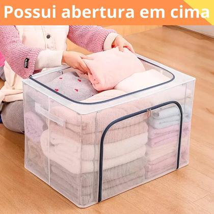 Imagem de Caixa Organizadora Dobrável 66L com Tampa e Zíper Ideal Armazenar Roupas Edredons Toalhas e Closet Guarda Roupa Com Alça