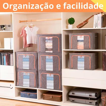 Imagem de Caixa Organizadora Dobrável 66L com Tampa e Zíper Ideal Armazenar Roupas Edredons Toalhas e Closet Guarda Roupa Com Alça