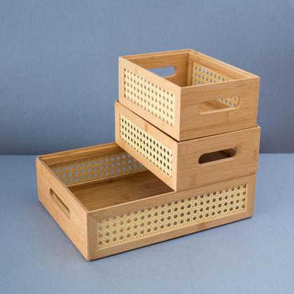 Imagem de Caixa Organizadora Empilhável Em Bambu E Palha Indiana 24Cm