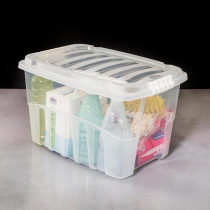 Caixa Organizadora Gran Box 19 Litros Transparente com Tampa e Travas Laterais Empilhável e Durável - Plasútil Imagem de Caixa Organizadora Gran Box 19 Litros Transparente com Tampa e Travas Laterais Empilhável e Durável