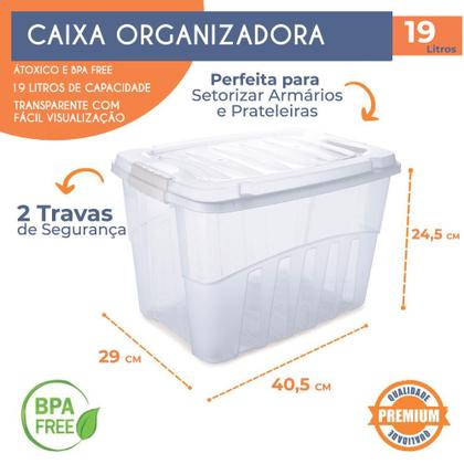 Caixa Organizadora Gran Box 19 Litros Transparente com Tampa e Travas Laterais Empilhável e Durável - Plasútil Imagem de Caixa Organizadora Gran Box 19 Litros Transparente com Tampa e Travas Laterais Empilhável e Durável
