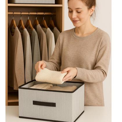 Imagem de Caixa Organizadora Grande 36x23x22cm Dobrável Tecido Tnt Tampa e Alça Cesto Organizador Multiuso Empilhável Organizar