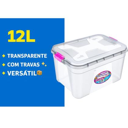 Imagem de Caixa Organizadora Multiuso Transparente 12 Litros com Travas e Alças Seguras Empilhável Plástico Resistente Pequeno Guarda Documentos Brinquedos