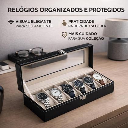 Imagem de Caixa Organizadora Porta 6 Relógios em Couro com Visor