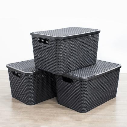 Imagem de Caixa Organizadora Rattan Cesto Multiuso Decorativo Com tampa 20 Litros Preta Arqplast