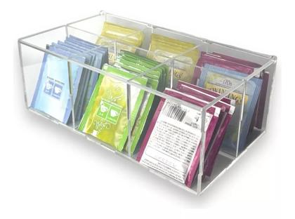 Imagem de Caixa Porta Chá Divisórias 6 Nichos Tampa Acrílico Cristal