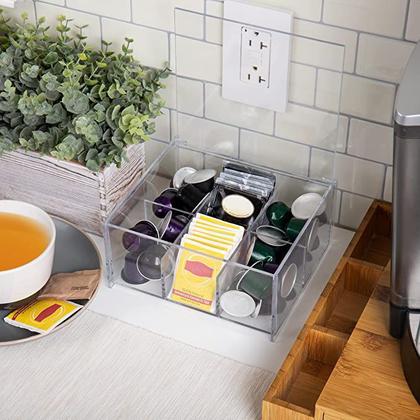 Imagem de Caixa Porta Chá Organizador de Sachês Com Divisórias 6 Compartimentos e Tampa Articulada em Acrílico Cristal