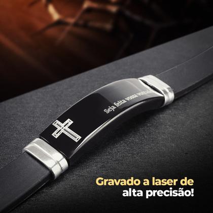 Imagem de caixa pulseira masculina preta placa aço inox pai nosso