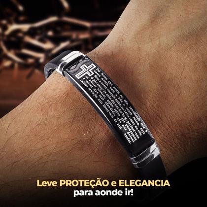 Imagem de caixa + pulseira placa aço inox preta pai nosso masculina silicone casual presente original social