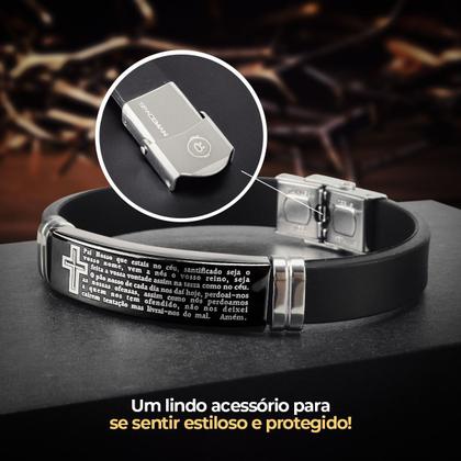 Imagem de caixa + pulseira placa aço inox preta pai nosso masculina silicone casual presente original social