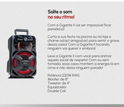 Imagem de Caixa Som Amplificada Bluetooth Amvox ACA 221 GIGANTE 220w Usb Karaokê Adaptador P/ 2 Microfones C/Fio