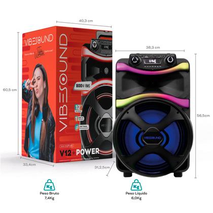 Imagem de Caixa Som Bateria 800W Rms Portátil Bluetooth Amplificada Fm Usb Bivolt Vibe Sound Vs001 - V12 Power
