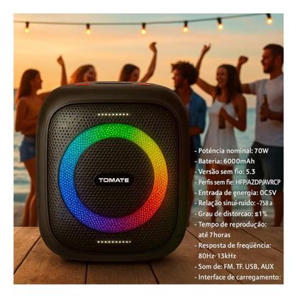 Imagem de Caixa Som Bluetooth 70W RMS À Prova D'Água LED RGB Com 2 Subwoofers Bateria 6000mAh TWS Graves Potentes