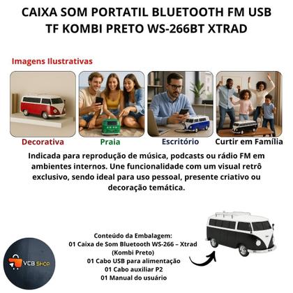 Imagem de Caixa som portatil bluetooth fm usb tf kombi preto ws-266bt