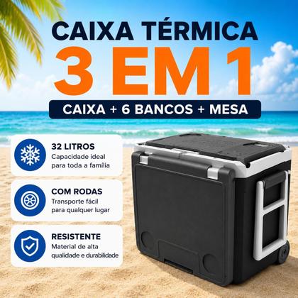 Imagem de Caixa Térmica 32L com Rodas Vira Mesa e 6 Bancos Dobráveis Cooler para Praia Camping Churrasco Piquenique Portátil