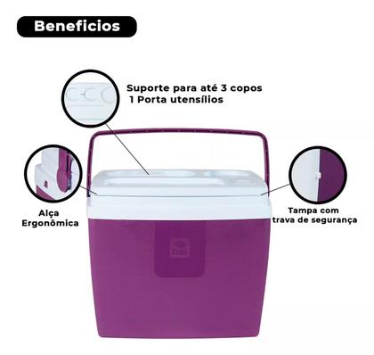 Imagem de Caixa Térmica Cooler Culler Culer 19L Cor Açai 24 Latas Para Camping Praia Piscina Pesca Tampa Encaixe Latinhas