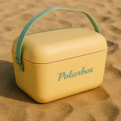 Caixa Térmica Polarbox 20L Amarela com Alça Verde Portátil Retrô