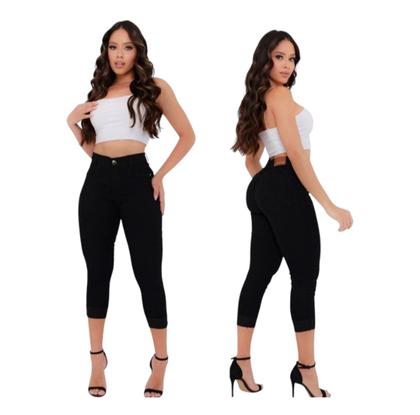 Imagem de Calça Capri Jeans Preta Feminina com lycra levanta bumbum Cintura Alta Elastano