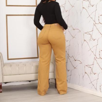 Imagem de Calça Caqui Pantalona Feminina Social Cintura Alta Com bolso na frente e zíper moda