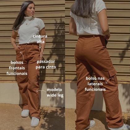 Imagem de Calça Cargo Feminina Wide Leg Sarja