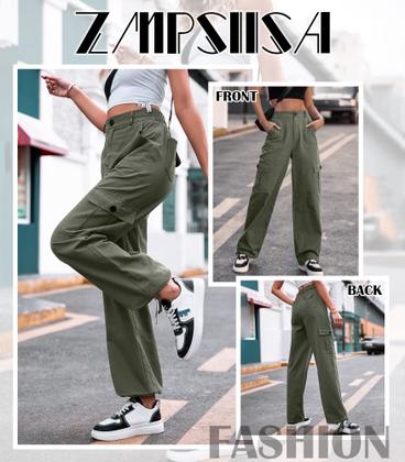 Imagem de Calça cargo feminina ZMPSIISA, cintura alta, perna larga, verde