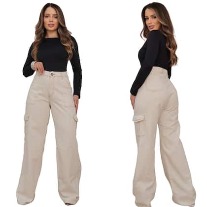 Imagem de Calça Cargo Jeans Feminina Off White com Bolsos Laterais Casual e Estilosa