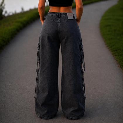 Imagem de Calça Cargo Jeans Feminina Wide Leg Cintura Alta 23 Graus