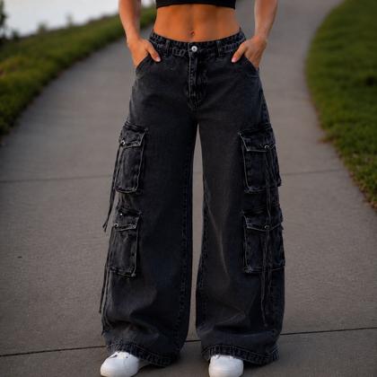 Imagem de Calça Cargo Jeans Feminina Wide Leg Cintura Alta 23 Graus