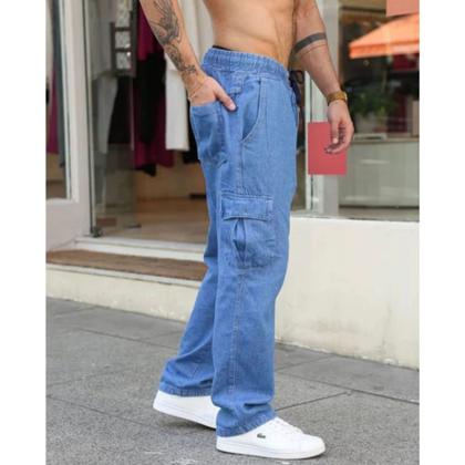 Imagem de Calça Cargo Jeans Larga Masculina Bolso Lateral Streetwear Estilo de rua
