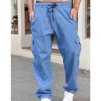 Imagem de Calça Cargo Jeans Larga Masculina Bolso Lateral Streetwear Estilo de rua