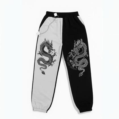 Imagem de Calça Cargo Juvenil Infantil Dragão Preta e Branca com Correntinha e Bolso Menina
