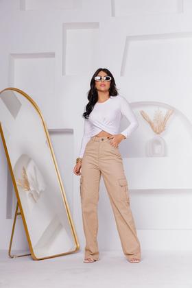 Imagem de Calça cargo wide leg jeans bege moda blogueira