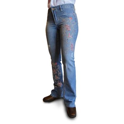 Imagem de Calça Carpinteira Flare Jeans Feminina Country Azul Bordada