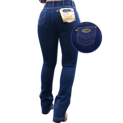 Calça Country Cós Alto Jeans C/ Detalhe Bordado Barra Larga