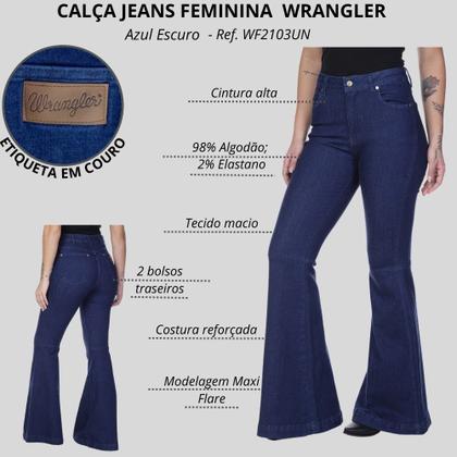 Imagem de Calça Country Feminina Wrangler Original Jeans Maxi Flare Azul Ref. WF2103UN