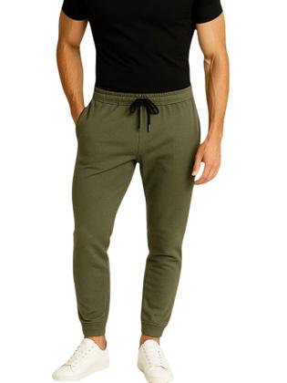 Imagem de Calça de Moletom Masculina Jogger Verde Militar Básica Forrado Felpudo Flanelado com Bolso