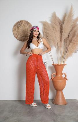 Imagem de Calça De Praia Feminina Croche Tricot Pantalona Saida Verão