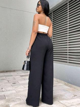 Imagem de Calça Feminina Pantalona Cintura Alta Elástico Cordão Social