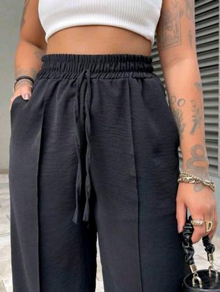 Imagem de Calça Feminina Pantalona Cintura Alta Elástico Cordão Social