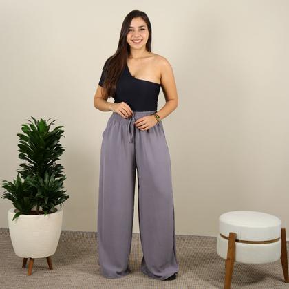 Imagem de Calça Feminina Pantalona Elástico Na Cintura Wide Leg Bolso