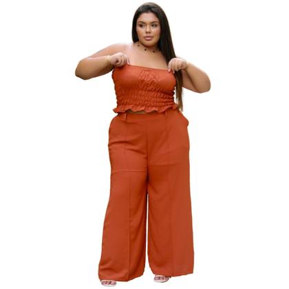 Imagem de Calça feminina pantalona social cos alto com linha vinco frontal e bolsos elastico parte de trás duna liso moda elegante plus size 44 ao 58