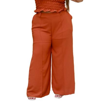 Imagem de Calça feminina pantalona social cos alto com linha vinco frontal e bolsos elastico parte de trás duna liso moda elegante plus size 44 ao 58