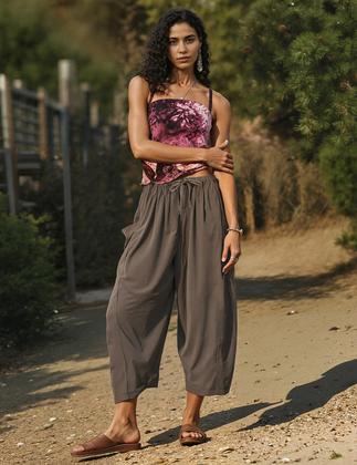 Imagem de Calça Feminina TARSE de Linho Pantalona Casual com Cordão XL Café