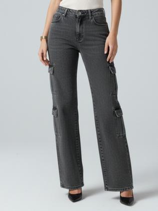 Imagem de CALÇA FEMININA WIDE LEG CARGO 4 BOLSOS CINTURA ALTA Cor:CinzaTamanho:40