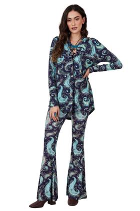 Imagem de Calça Flare Com Bolsos Azul Estampa Cashmere Yacamim A15