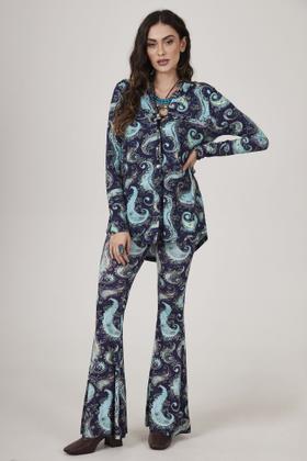 Imagem de Calça Flare Com Bolsos Azul Estampa Cashmere Yacamim A15