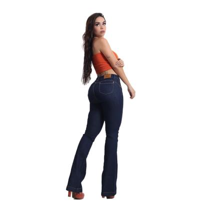 Imagem de Calça Flare Feminina Jeans Com Licra Cintura Alta Azul Escuro Amaciada 14