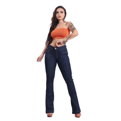 Imagem de Calça Flare Feminina Jeans Com Licra Cintura Alta Azul Escuro Amaciada 14