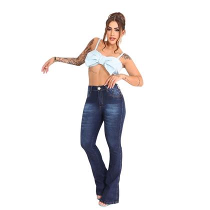 Imagem de Calça flare jeans boca larga cintura alta bolsos atras