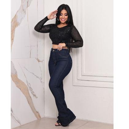 Imagem de Calça Flare Jeans Escura Feminina Cintura Alta Premium costura/nervura na perna lycra/elastano